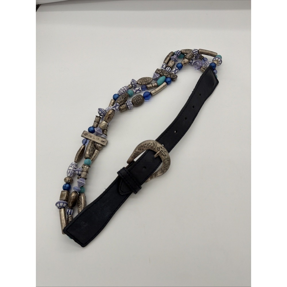 The Limited Vintage Beaded Belt Western Buckle Blue White Beads‎ Silver Small